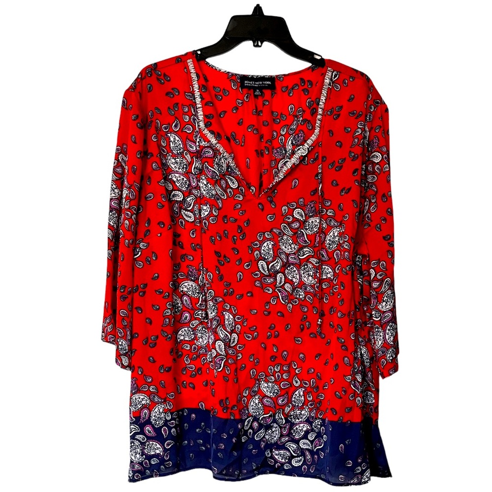 Jones New York blue and red paisley print top with embellished neckline detail